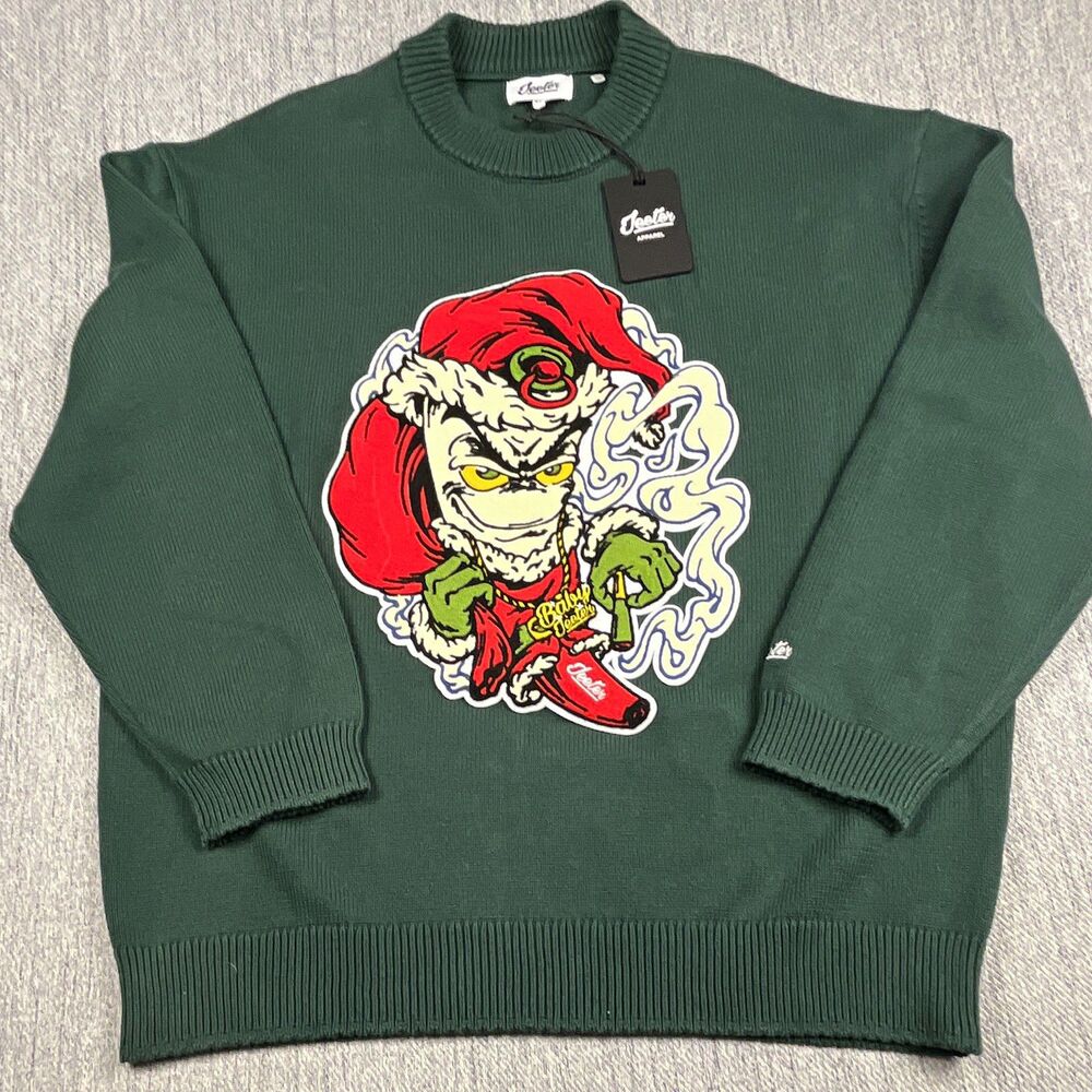 Jeeter Apparel Holiday Grinch Chenille Patch Crewneck Sweater Mens XL NWT Green
